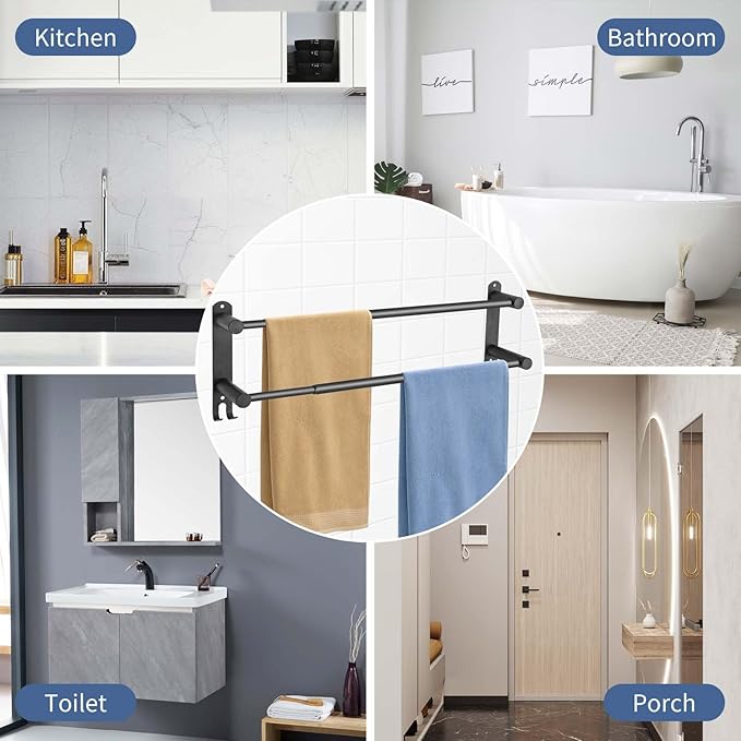 Double Towel Bar，adjustable16-28IN Matte Black Towel Racks for Bathroom, Stainless Steel Towel Holder,Suitable for Bathrooms and Kitchens