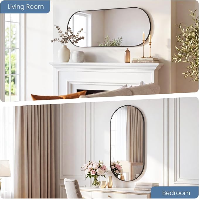 NEWBULIG Oval Bathroom Mirror, Vanity Mirror, 24x48 | Tempered Glass Metal Frame, Over Sink Entryway, Living Room Bedroom Hang, Horizontal or Vertical, Black