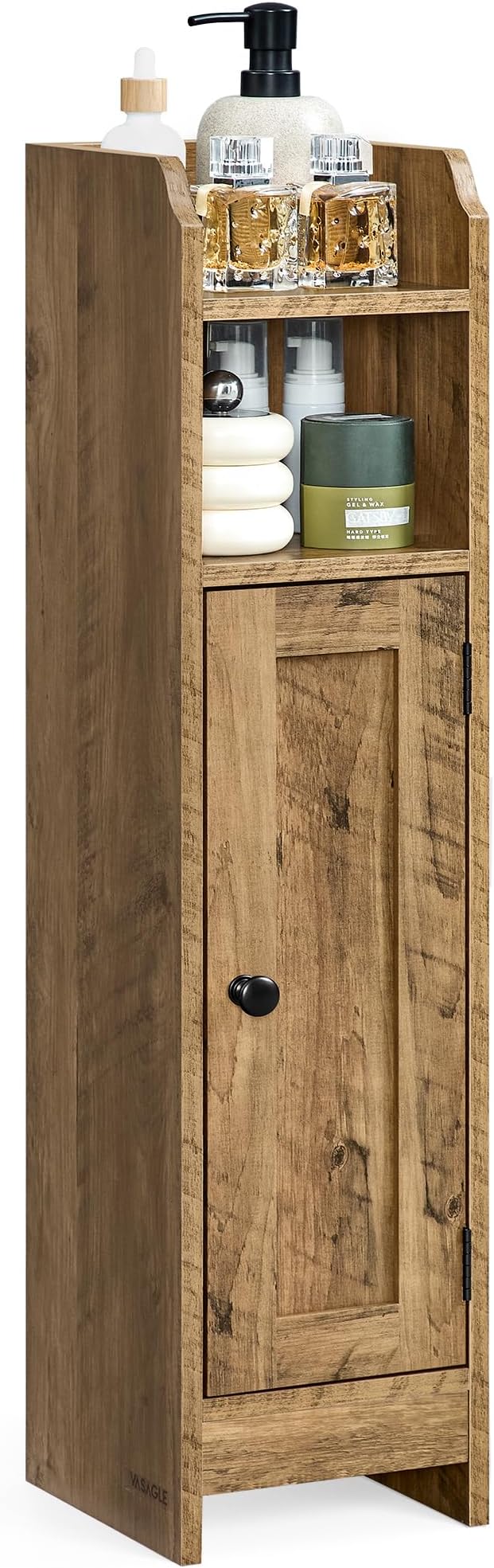 VASAGLE Small Storage Corner Floor Cabinet with Door, 7.9 x 7.1 x 31.5 Inches, Narrow Toilet Paper Storage Holder, Adjustable Shelves, for Bathroom, Living Room, Small Spaces, Honey Brown UBBK310K01