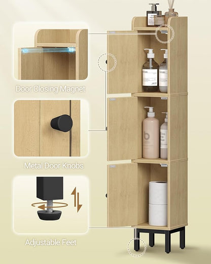 Slim Bathroom Storage Cabinet, Narrow Bathroom Organizers and Storage with 4 Adjustable Feet, Laundry Room Organization for Small Space, Kitchen, Living Room, 3 Doors Rattan Yellow BC22302Y