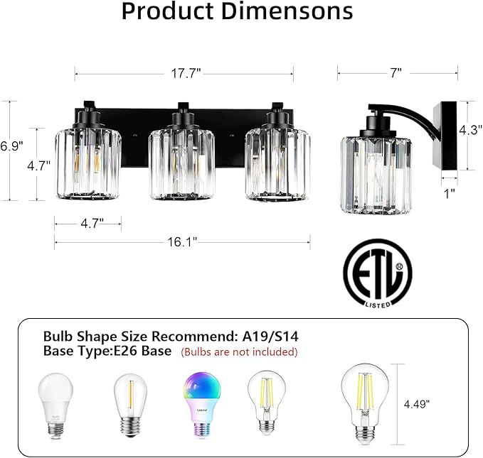 3 Lights Crystal Bathroom Vanity Light Modern Black Bathroom Light Fixture Over Mirror Vanity Lights for Bedroom,Restroom,Hallway E26 Base