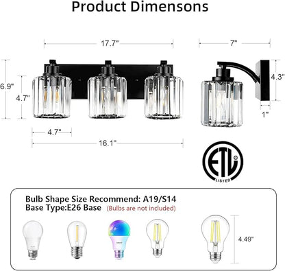 3 Lights Crystal Bathroom Vanity Light Modern Black Bathroom Light Fixture Over Mirror Vanity Lights for Bedroom,Restroom,Hallway E26 Base
