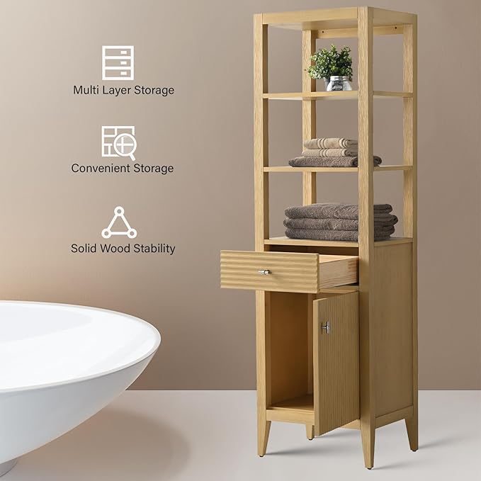 Vanity Art Vanity with Storage Cabinet & Shelves, Free-Standing Vanity with Soft-Closing Doors, Natural Oak, Golden Brushed Handware VA91-LC-NO-GB