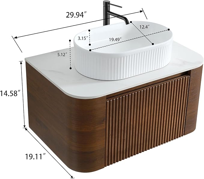 30" Preassembled Floating Bathroom Vanity with White Sink, Walnut | Mid-Century Modern Style, Fluted & Soft-Close Drawer with U-shaped Wall, Sinterted Stone Countertop, Towel Rack Included