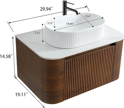 30" Preassembled Floating Bathroom Vanity with White Sink, Walnut | Mid-Century Modern Style, Fluted & Soft-Close Drawer with U-shaped Wall, Sinterted Stone Countertop, Towel Rack Included