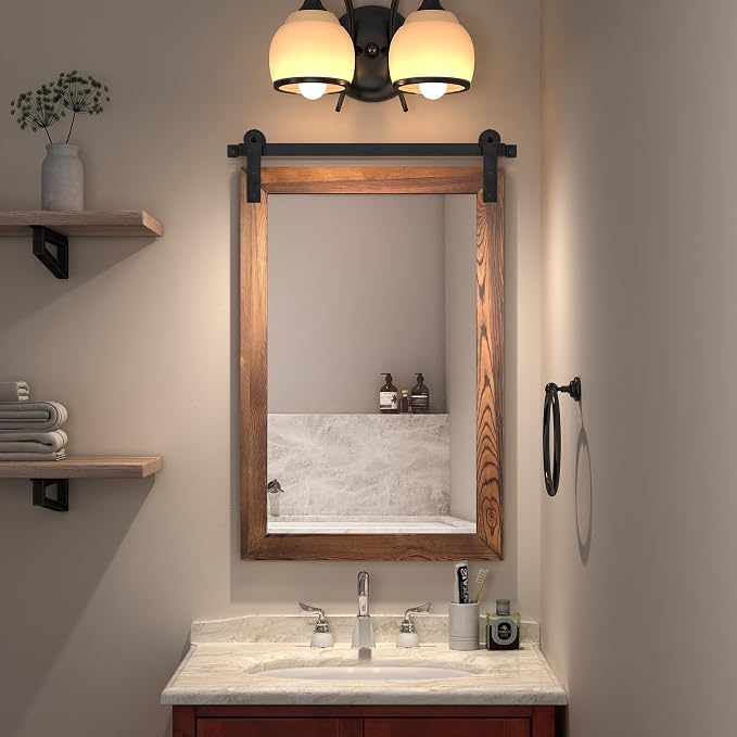 COGOOD Farmhouse Bathroom Mirrors for Over Sink - 30 x 22 Brown | Rustic Barn Door Wood Framed Vanity Mirror for Entryway, Living Room, Bedroom, Dresser Wall Decor
