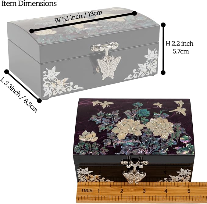February Mountain Mother-of-Pearl Jewelry Box – Elegant Purple Lacquered Keepsake with Peony & Butterfly Design, Red Velvet Interior – Christmas, Birthday Gift, Unique Jewelry Organizer for Women