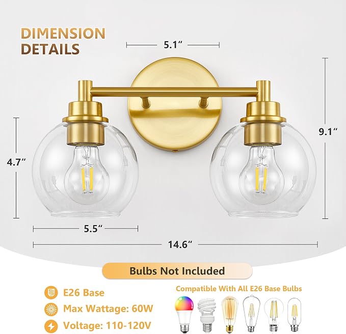Bathroom Light Fixtures, Vanity Lights for Bathroom 2-Light Gold, Bathroom Lighting Fixtures Over Mirror with Clear Glass Globe Shade, Bathroom Vanity Light for Living Room Kitchen Bedroom Hallway