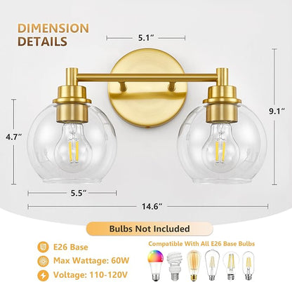 Bathroom Light Fixtures, Vanity Lights for Bathroom 2-Light Gold, Bathroom Lighting Fixtures Over Mirror with Clear Glass Globe Shade, Bathroom Vanity Light for Living Room Kitchen Bedroom Hallway