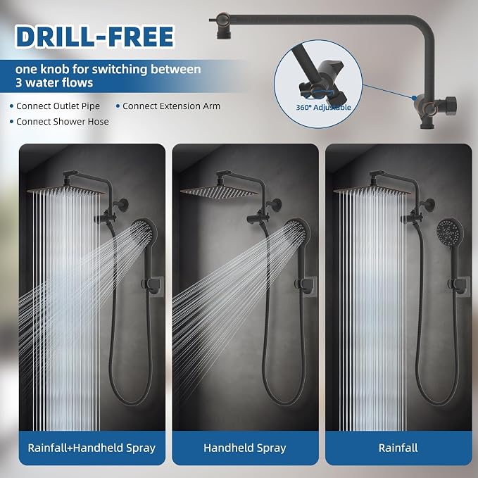 12" Metal Rainfall Shower Head with 10-Mode Handheld, Oil Rubbed Bronze | NSF/ANSI/CAN 372 Certified, High Pressure Showerhead Combo with 11" Adjustable Shower Arm, 71" Hose, Shower Head Holder