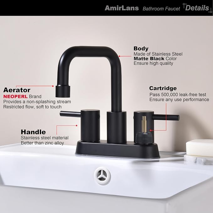 4 Inch Centerset Matte Black Bathroom Faucet 2 or 3 Hole | Stainless Steel Black Sink Faucet with Pop up Drain, 2 Handle Vanity Faucet for Bathroom, Restroom, Rv