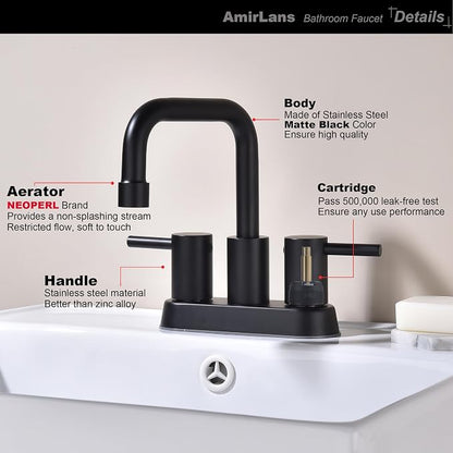 4 Inch Centerset Matte Black Bathroom Faucet 2 or 3 Hole | Stainless Steel Black Sink Faucet with Pop up Drain, 2 Handle Vanity Faucet for Bathroom, Restroom, Rv