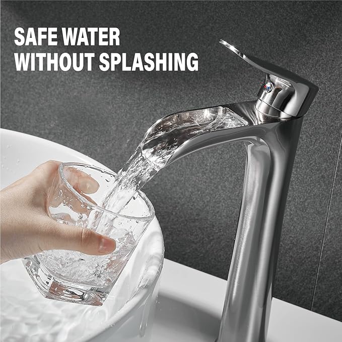 Brushed Nickel Vessel Sink Faucet,YUNDOOM Tall Waterfall Single Hole Single Handle Bowl Sink Faucet with Pop Up Drain