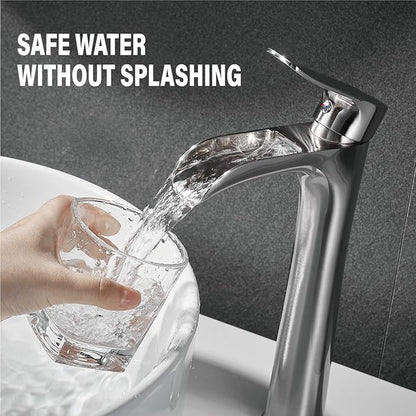 Brushed Nickel Vessel Sink Faucet,YUNDOOM Tall Waterfall Single Hole Single Handle Bowl Sink Faucet with Pop Up Drain