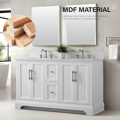 HOMEBEYOND 54 Inch Bathroom Vanity with Double Sink & Ceramic Top, Vanity Cabinet with Center Countertop Basin, Soft-Closing Doors, Backsplash, White