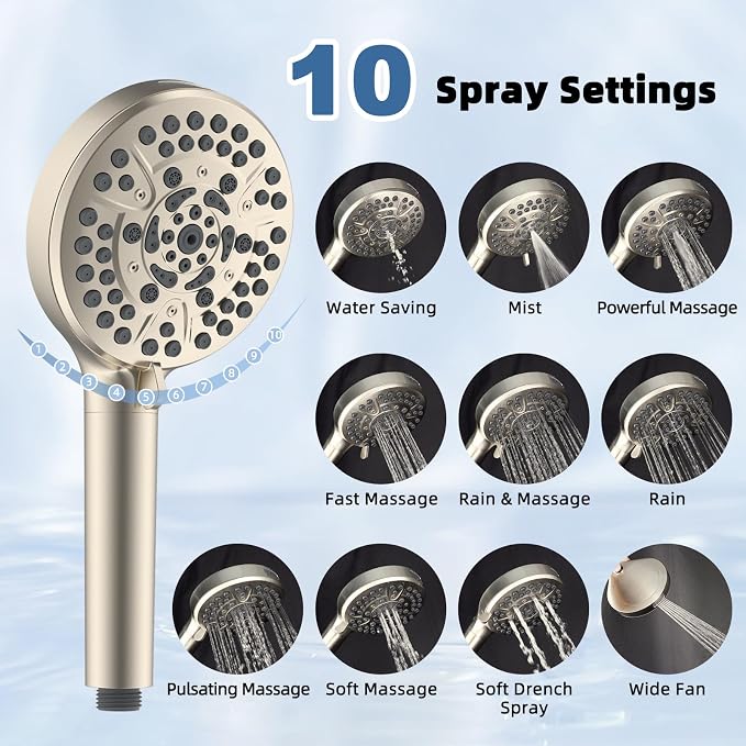 Metal Rain Shower Head with Handheld, 10" High-Pressure Showerhead,10-Mode | Brushed Nickel, Rainfall Shower Head with 5" Large Handheld, Adjustable 16" Shower Extension Arm/71" Hose, 3-Way Diverter