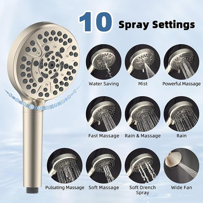 Metal Rain Shower Head with Handheld, 10" High-Pressure Showerhead,10-Mode | Brushed Nickel, Rainfall Shower Head with 5" Large Handheld, Adjustable 16" Shower Extension Arm/71" Hose, 3-Way Diverter
