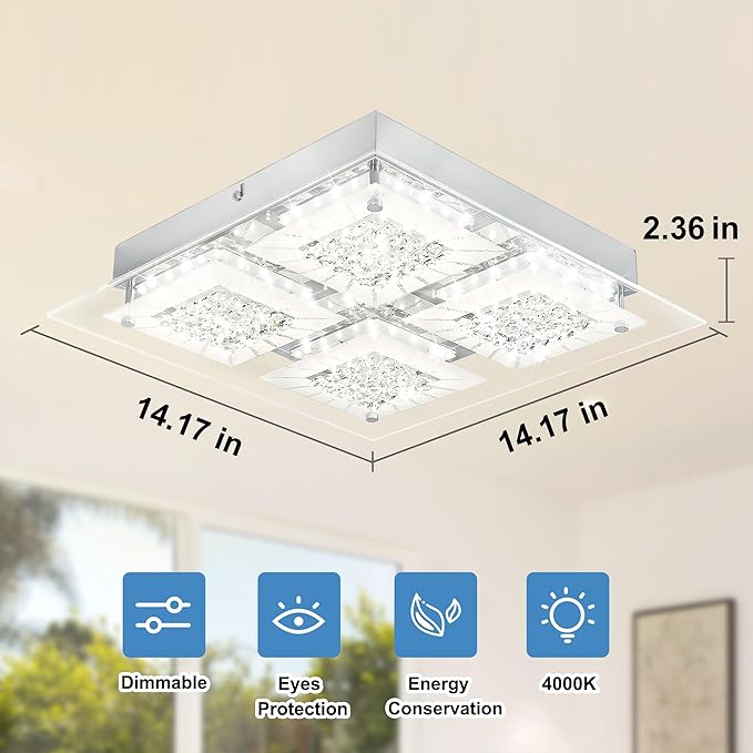 Hallway Light Fixture Crystal Flush Mount Ceiling Lights LED Square Bathroom Ceiling Light Dimmable 14 Inch 4000K Kitchen Ceiling Lighting Foyer Chrome Living Room Light