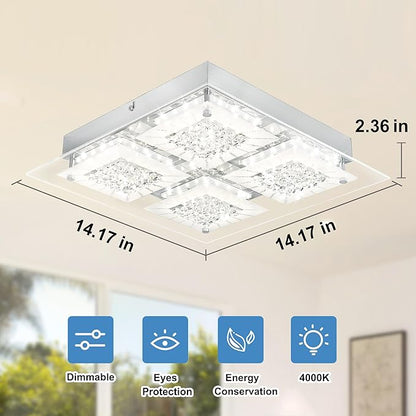 Hallway Light Fixture Crystal Flush Mount Ceiling Lights LED Square Bathroom Ceiling Light Dimmable 14 Inch 4000K Kitchen Ceiling Lighting Foyer Chrome Living Room Light