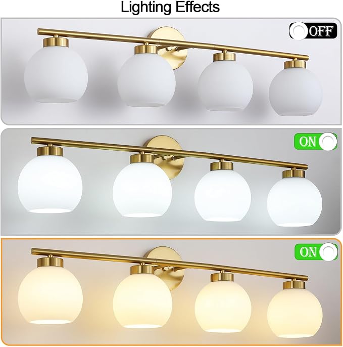 4 Light Bathroom Vanity Light, Gold Bathroom Light Fixtures Over Mirror, Mid Century Modern Wall Light with Frosted Globe Glass Shades, 32 inch Brass Vanity Lights, E26 Socket
