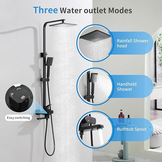 Taplong Matte Black Outdoor Shower Fixture Exposed Bathroom Shower Faucet Set,Shower System with 9" Rain Shower Head Handheld Sprayer Single Handle, SUS304 Triple Function Wall-Mounted Faucet