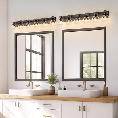 LmnLvn Bathroom Light Fixtures, Farmhouse Wood & Metal with Globe Glass | 6-Light Rustic Vanity Lights,Easy To Install, Mounted Over Mirror for Bathroom, Bedroom & Hallway