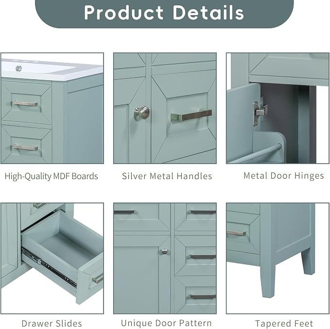 30 Inch Bathroom Vanities with Undermount Ceramic Sink, Storage Cabinet with Soft Closing Doors, Three Drawers and Organizer Rack Shelf, Solid Wood Frame, Green