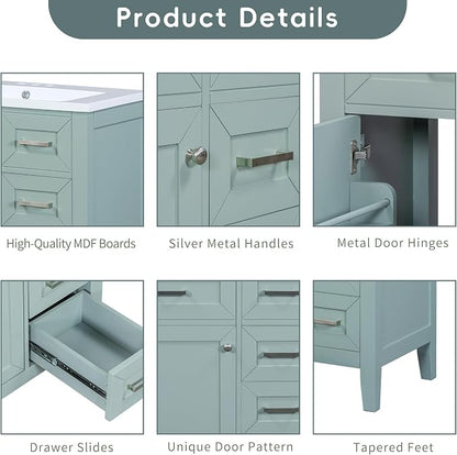 30 Inch Bathroom Vanities with Undermount Ceramic Sink, Storage Cabinet with Soft Closing Doors, Three Drawers and Organizer Rack Shelf, Solid Wood Frame, Green