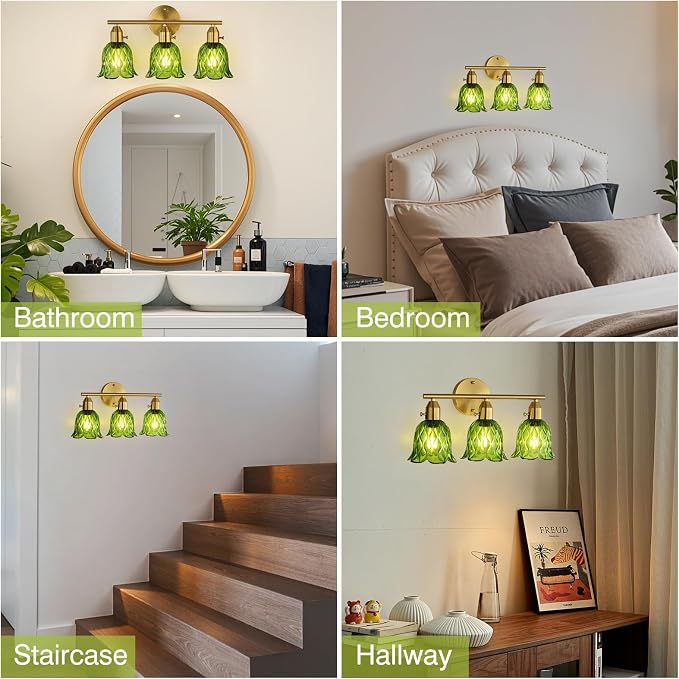 Vintage Bathroom Light Fixtures,3-Light Hardwired Vanity Lights Over Mirror, Brass Wall Lights with Green Tulip Glass Shade for Bathroom Stairway Bedroom Living Room(Bulbs Not Included,E26 Socket)