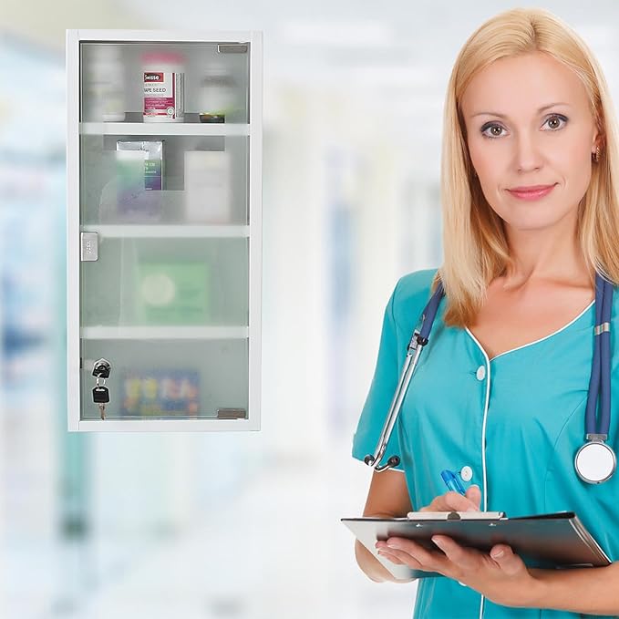 Locking Stainless Steel Medicine Cabinet, 4 Tier Wall Mounted Storage Cabinet, Durable Stainless Steel, Surface or Flush Mount, Ideal for Home, Office or First Aid, 10.6 * 4.7 * 22.4