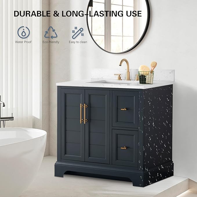 HOMEBEYOND 36 Inch Bathroom Vanity with Single Sink & Ceramic Top, Vanity Cabinet with Center Countertop Basin, Soft-Closing Doors, Backsplash, Vintage Spruce Blue