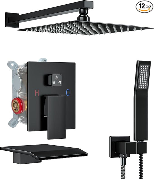 10 Inch Shower Faucet Set with Tub Spout Wall Mounted Shower System for Bathroom with High Pressure 10 Inch Rain Shower head and Handheld Shower Head Set, Matte Black