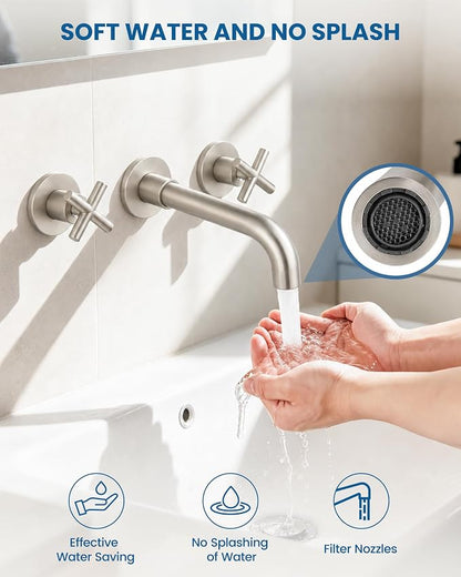 Airuida Solid Brass Brushed Nickel Wall Mount Bathroom Faucet | 360° Swivel Spout,Rough in Valve,2 Cross Handle,3 Hole,Widespread