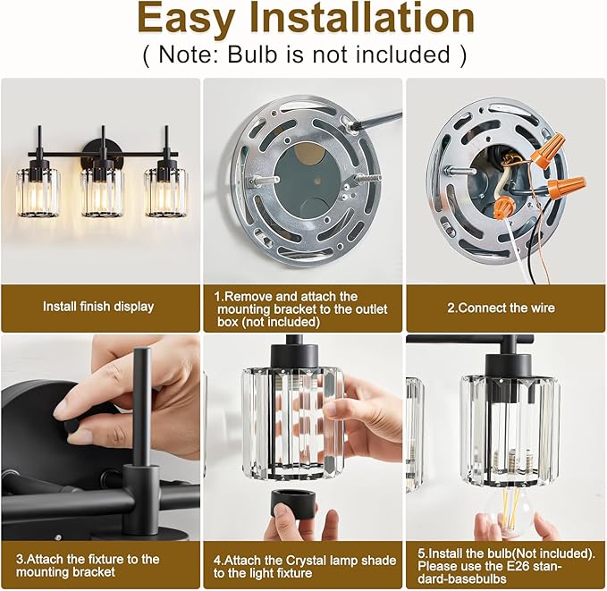 3 Light Black Crystal Vanity Light, Modern Bathroom Vanity Light Over Mirror, Up and Down Mount Wall Sconce Lighting for Bathroom Bedroom Living Room Hallway
