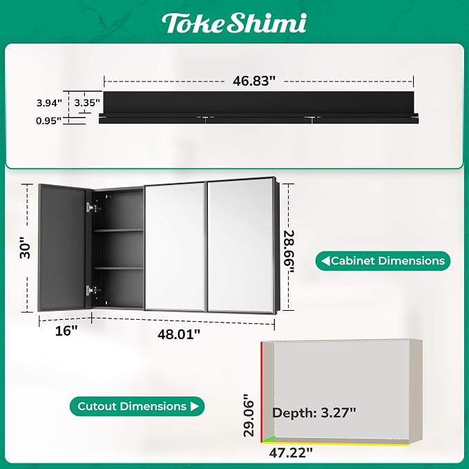 TokeShimi 48x30 Medicine Cabinet Mirror Bathroom Vanity Black Metal Framed Recessed or Surface Mounted Medicine Cabinet with Beveled Mirror with Storage Aluminum for Modern Farmhouse