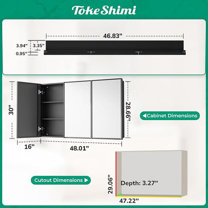 TokeShimi 48x30 Medicine Cabinet Mirror Bathroom Vanity Black Metal Framed Recessed or Surface Mounted Medicine Cabinet with Beveled Mirror with Storage Aluminum for Modern Farmhouse