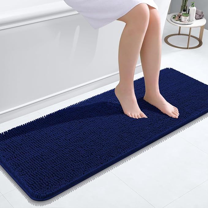 OLANLY Bathroom Runner Rugs 47x17, Extra Soft Absorbent Chenille Bath Rugs | Navy, Quick-Drying Rubber Backing, Machine Washable Long Bath Mat for Bathroom Floor, Tub and Shower, Home Decor Accessories