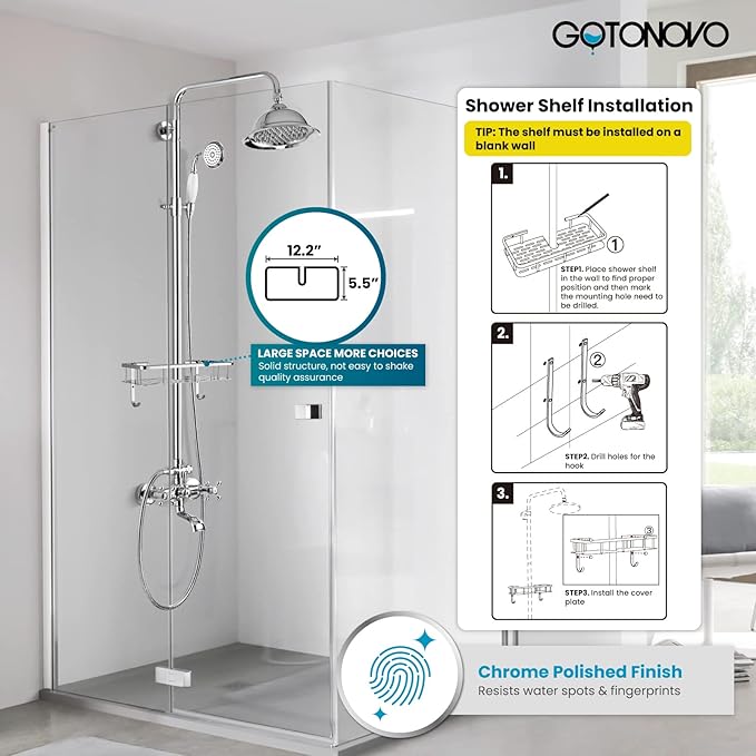 gotonovo Bathroom Exposed Shower Faucet Outdoor Shower System 8 Inch Rainfall Shower Head Set with Tub Spout and Handheld Spray Double Cross Handles Wall Mount with Shower Shelf Polished Chrome