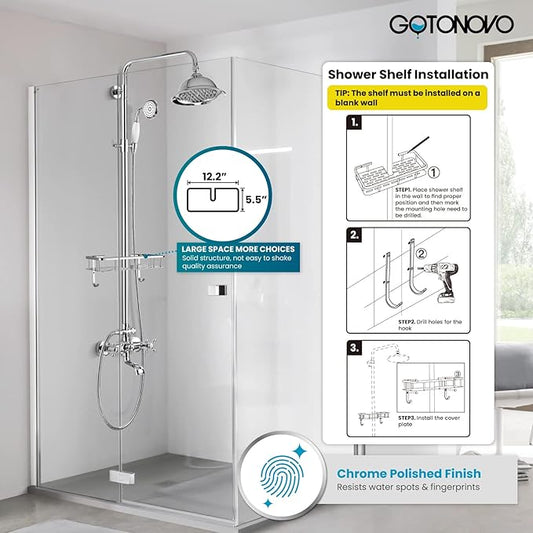 gotonovo Bathroom Exposed Shower Faucet Outdoor Shower System 8 Inch Rainfall Shower Head Set with Tub Spout and Handheld Spray Double Cross Handles Wall Mount with Shower Shelf Polished Chrome
