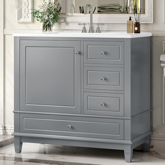 36" Vanity with Sink, Bathroom Vanities 36 Inch with Sink, Single Sink Bathroom Vanity with Door Shelf and Three Drawers, Restroom Vanity with Sink Top (Grey)