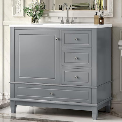 36" Vanity with Sink, Bathroom Vanities 36 Inch with Sink, Single Sink Bathroom Vanity with Door Shelf and Three Drawers, Restroom Vanity with Sink Top (Grey)