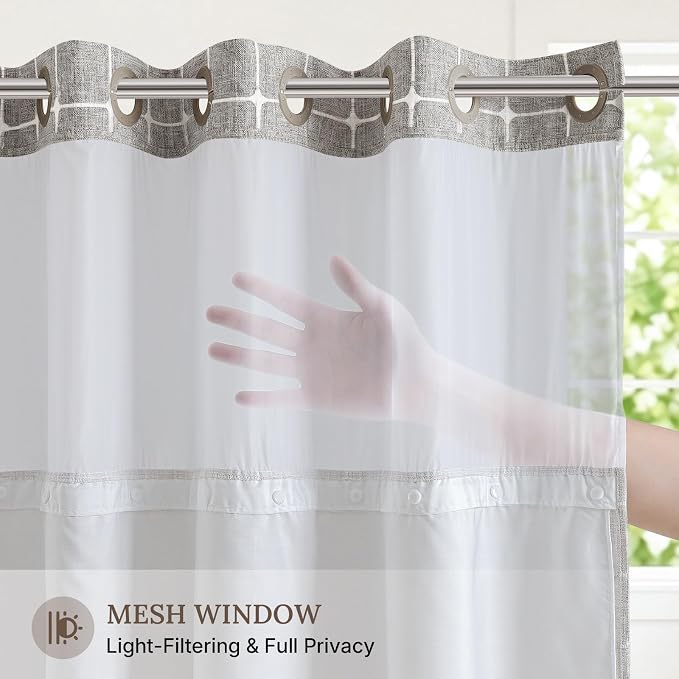 RiverDream Farmhouse No Hooks Shower Curtain with Snap-in Liner,Khaki,71x74 | Snap on Fabric Liner,Heavy Duty,Quick Dry,Mesh Top Window,With Bottom Magnets,Washable,with Tassels,Standard Size