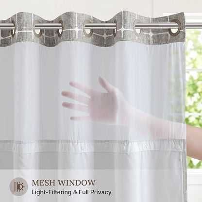 RiverDream Farmhouse No Hooks Shower Curtain with Snap-in Liner,Khaki,71x74 | Snap on Fabric Liner,Heavy Duty,Quick Dry,Mesh Top Window,With Bottom Magnets,Washable,with Tassels,Standard Size