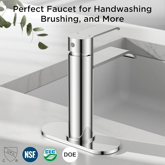 FORIOUS Waterfall Chrome Bathroom Faucet 1 Hole Rv Bathroom Sink Faucet Set | Single Handle Waterfall Bathroom Faucet Single Hole, Polished Chrome Faucet for Bathroom Sink One Hole with Plate and Drain