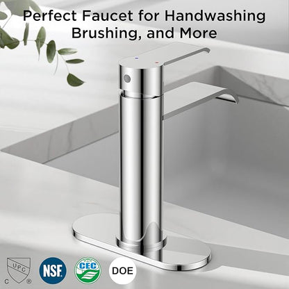 FORIOUS Waterfall Chrome Bathroom Faucet 1 Hole Rv Bathroom Sink Faucet Set | Single Handle Waterfall Bathroom Faucet Single Hole, Polished Chrome Faucet for Bathroom Sink One Hole with Plate and Drain