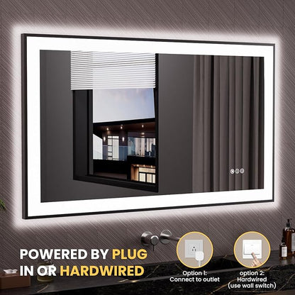 LOAAO 48"X28" LED Bathroom Mirror Black Framed | Anti-Fog, Dimmable, Memory Function, Tempered Glass, Lighted Vanity Mirror for Wall