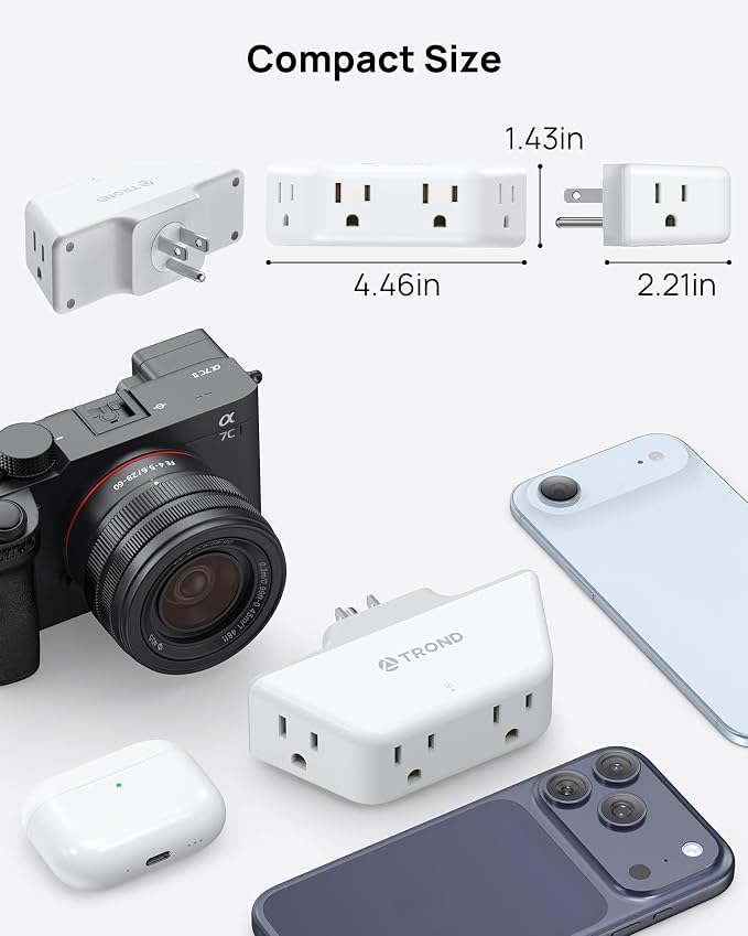 TROND 360 Rotating Plug Outlet Extender 2 Pack, Surge Protector Outlet with 4 Grounded Sockets, 3 Way Angled Plug Expander, 900J, Multiple Wall Adapter for Bathroom Kitchen Bedroom, White