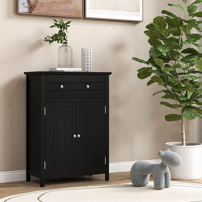 Giantex Bathroom Storage Cabinet with Drawer - Floor Cabinet with Doors, Adjustable Shelf, Storage Organizer for Entryway, Kitchen, Living Room, Freestanding Cupboard (Black)