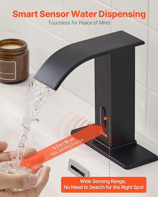 VEVOR Touchless Bathroom Sink Faucet, Automatic Motion Sensor Waterfall Restroom Toilet Faucet with Hole Cover Plate, Battery Operated,Hot/Cold Water for 9/16 in Pipe Commercial Lavatory,Matte Black