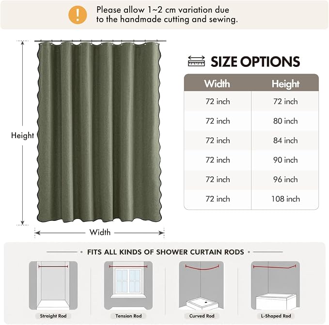 ANRODUO Olive Green Scalloped Linen Textured Shower Curtain, W72 x L84 | Boho Farmhouse Shower Curtain with 12 Metal Hooks, Machine Washable Waterproof Heavy Duty Fabric for Bathroom Bathtub